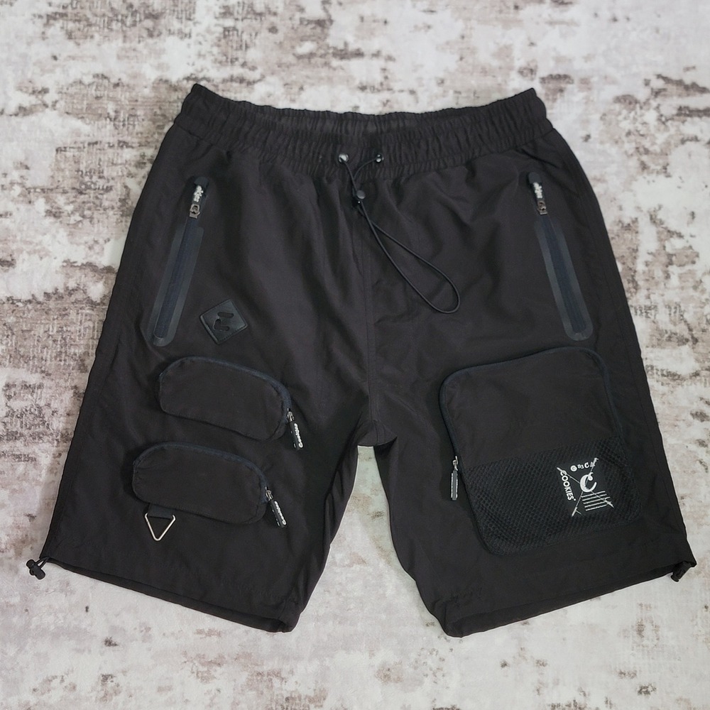 Cookies Key Largo Black Tech Cargo Shorts Men L Streetwear Utility Zip Pockets